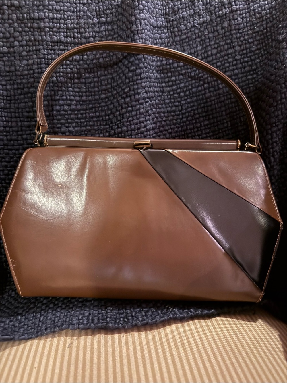 Vintage 1960s Handbag - Brown Leather Top-Handle Bag with Dark Brown Accent